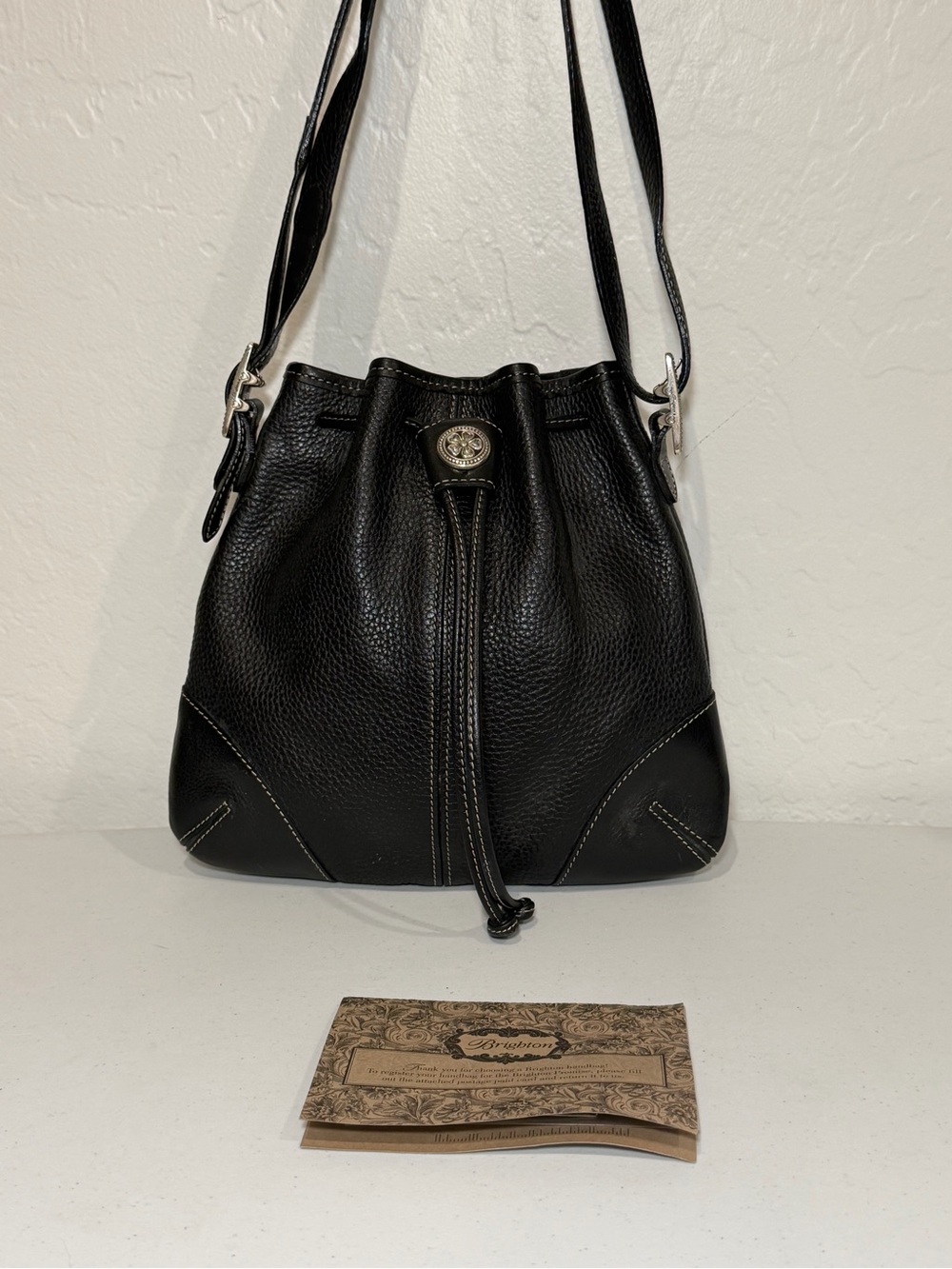 Brighton Black Pebble Leather Drawstring Crossbody Bag